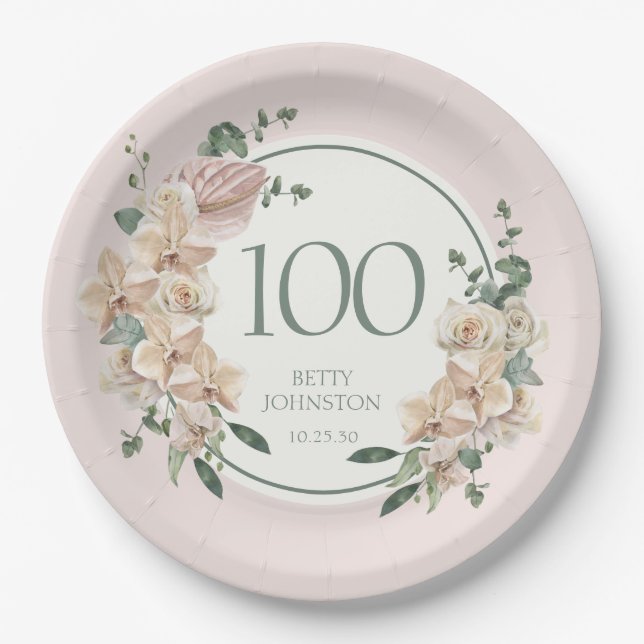100th Birthday Tropical Floral Paper Plates (Front)