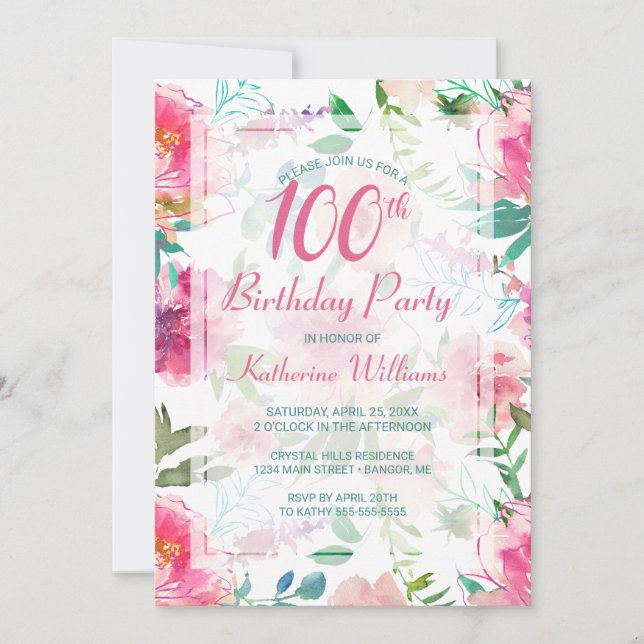 100th Birthday Tropical Floral Pink Peony Party Invitation (Front)