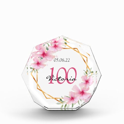 100th birthday tropical florals gold pink geo acrylic award