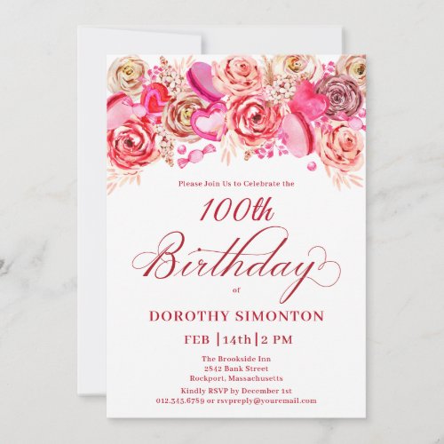 100th Birthday Valentine Pink Rose Swirly Heart Invitation