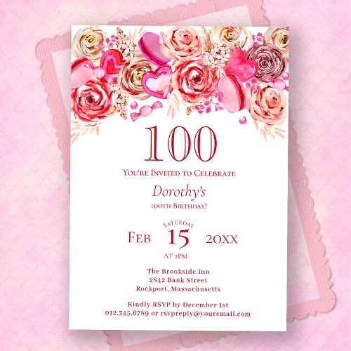 100th Birthday Valentine Pink Rose Swirly Heart Invitation