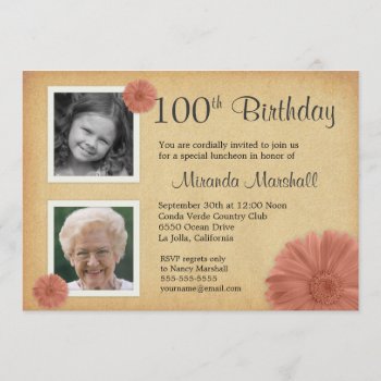100th Birthday Vintage Daisy 2 Photo Invites by weddingtrendy at Zazzle