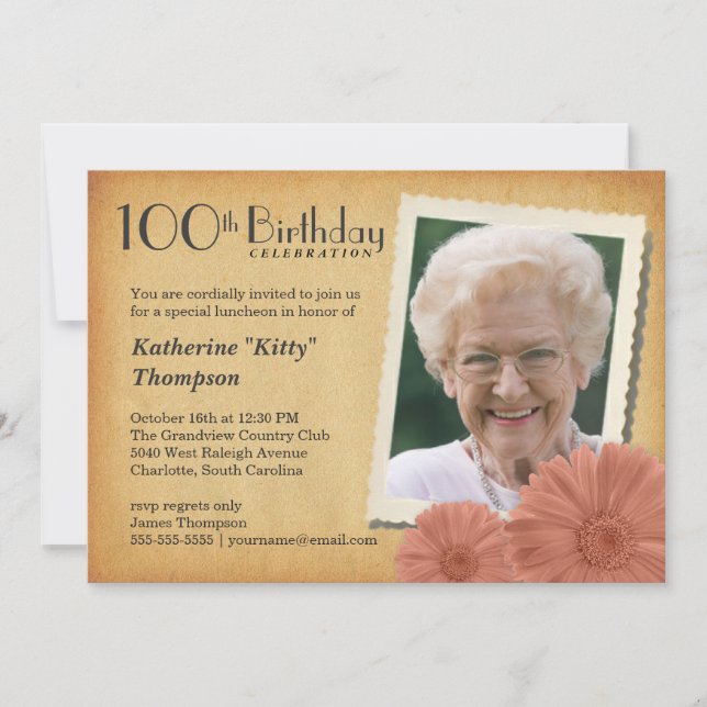 100th Birthday Vintage Daisy Photo Invitations (Front)
