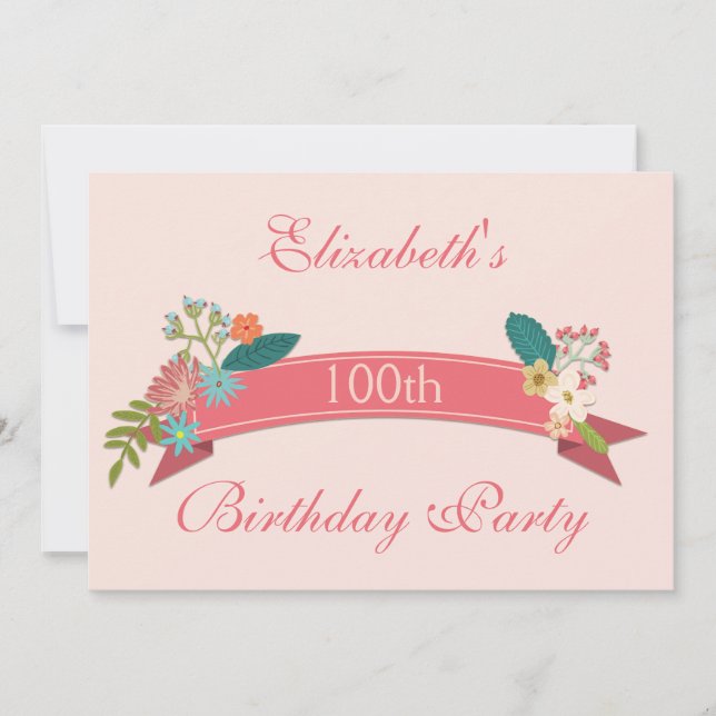 100th Birthday Vintage Flowers Pink Banner Invitation (Front)