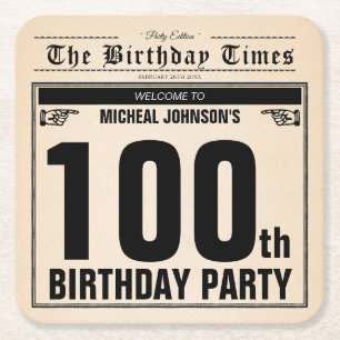 100th Birthday Vintage Newspaper Fun Unique Custom Square Paper Coaster