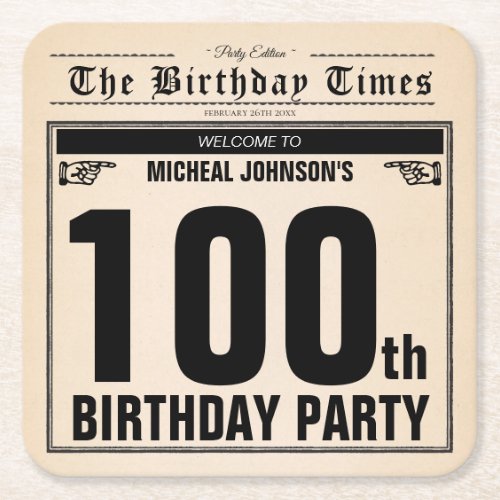 100th Birthday Vintage Newspaper Fun Unique Custom Square Paper Coaster