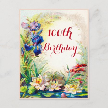 100th Birthday Vintage Waterlilies Iris Flowers Invitation