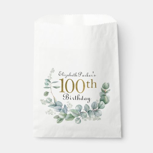 100th Birthday Watercolor Eucalyptus Gold  Favor Bag