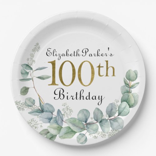 100th Birthday Watercolor Eucalyptus Gold  Paper Plates