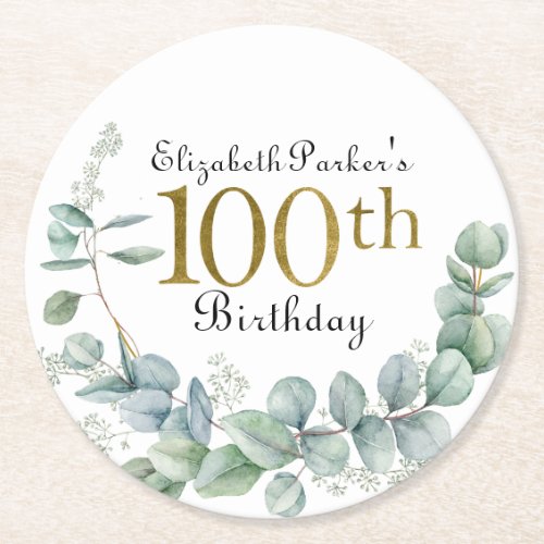 100th Birthday Watercolor Eucalyptus Gold  Round Paper Coaster