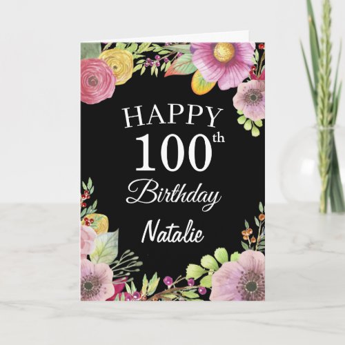 100th Birthday Watercolor Floral Flowers Blac Card