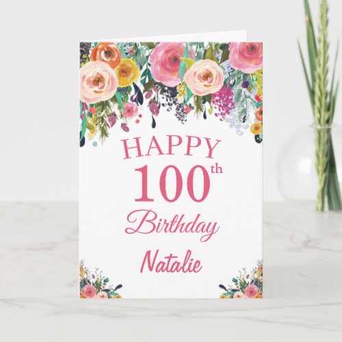 100th Birthday Watercolor Floral Flowers Pink Card