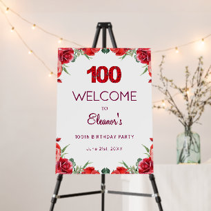 100th Birthday Welcome, Chic Red Rose Garden Style Foam Board