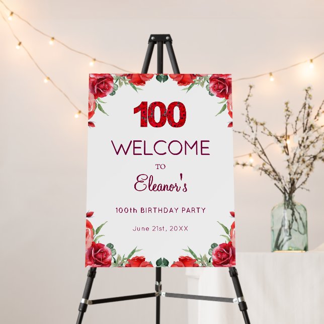 100th Birthday Welcome, Chic Red Rose Garden Style Foam Board (In Situ (Stand))