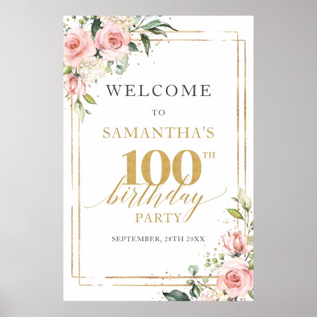 100th birthday welcome sign blush and gold glitter (Front)