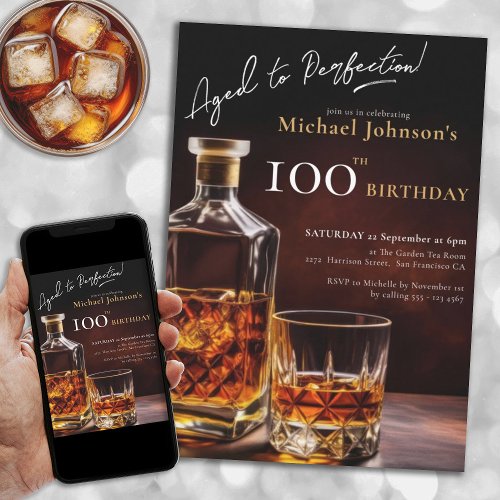 100th Birthday Whiskey Black Gold Elegant Party Invitation