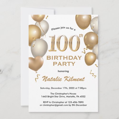 100th Birthday White and Gold Glitter Balloons Invitation