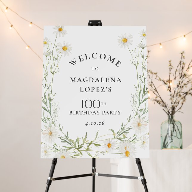 100th Birthday White Daisy Custom Welcome Sign (In Situ (Stand))