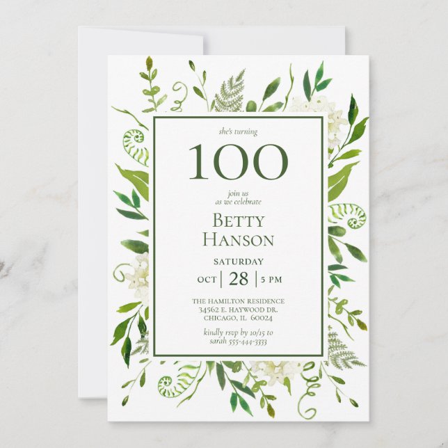 100th Birthday White Hydrangeas Invitation (Front)