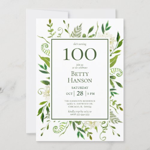 100th Birthday White Hydrangeas Invitation