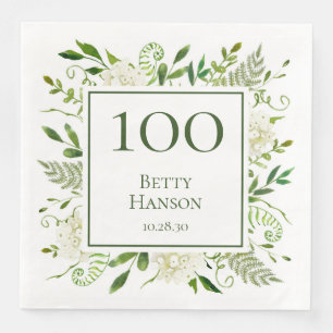 100th Birthday White Hydrangeas Paper Dinner Napkins