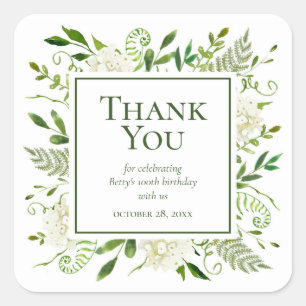 100th Birthday White Hydrangeas Thank You Square Sticker