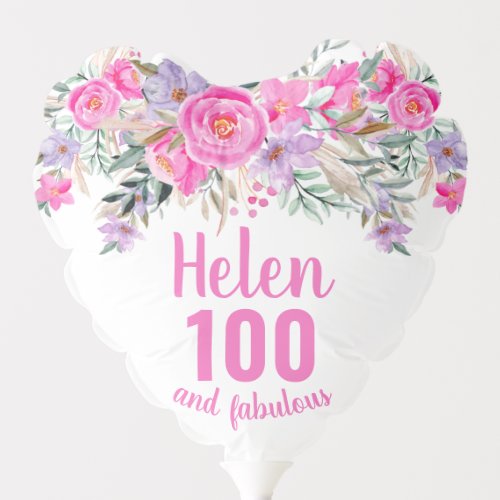 100th birthday white pink floral script name balloon