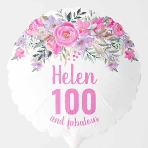 100th birthday white pink floral script name balloon