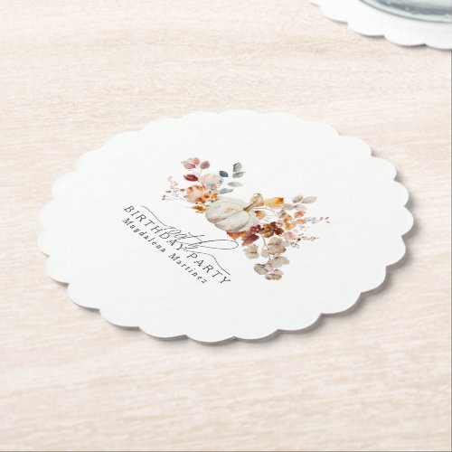100th Birthday White Pumpkin Fall Flowers Custom Paper Coaster