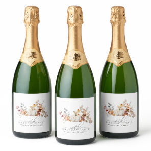 100th Birthday White Pumpkin Fall Flowers Custom Sparkling Wine Label