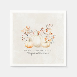 100th Birthday White Pumpkin Fall Leaves Custom Napkins