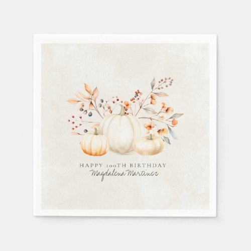 100th Birthday White Pumpkin Fall Leaves Custom Napkins