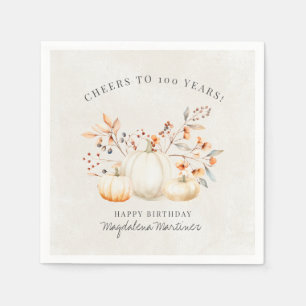 100th Birthday White Pumpkin Fall Leaves Custom Napkins