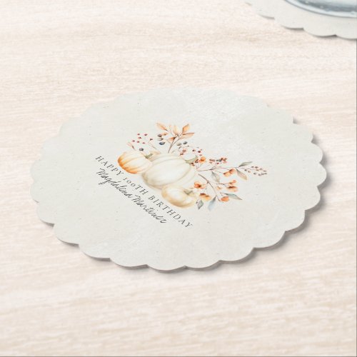 100th Birthday White Pumpkin Fall Leaves Custom Paper Coaster