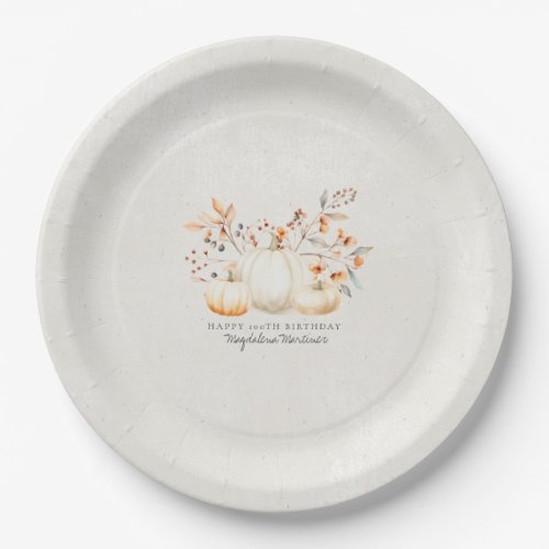 100th Birthday White Pumpkin Fall Leaves Custom Paper Plates