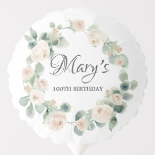 100th Birthday White Rose Floral Eucalyptus Wreath Balloon