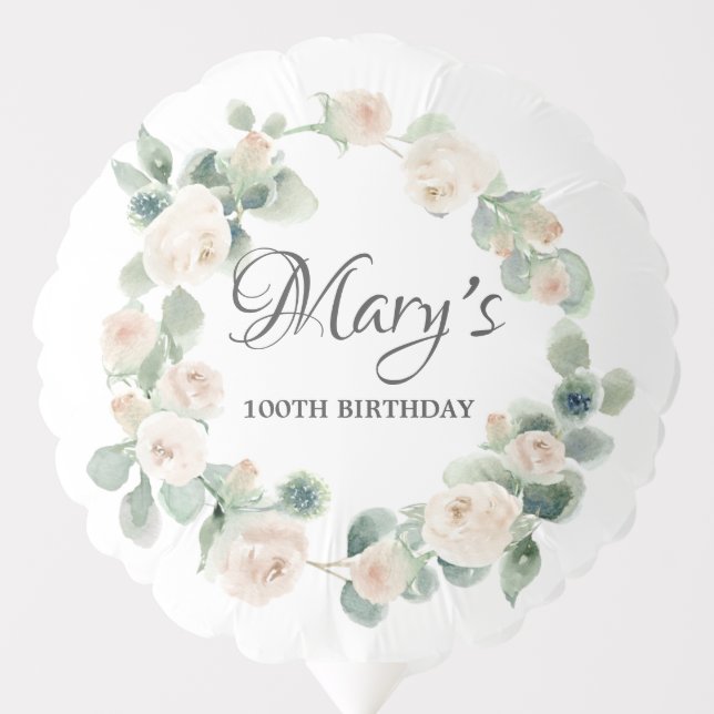 100th Birthday White Rose Floral Eucalyptus Wreath Balloon (Front)