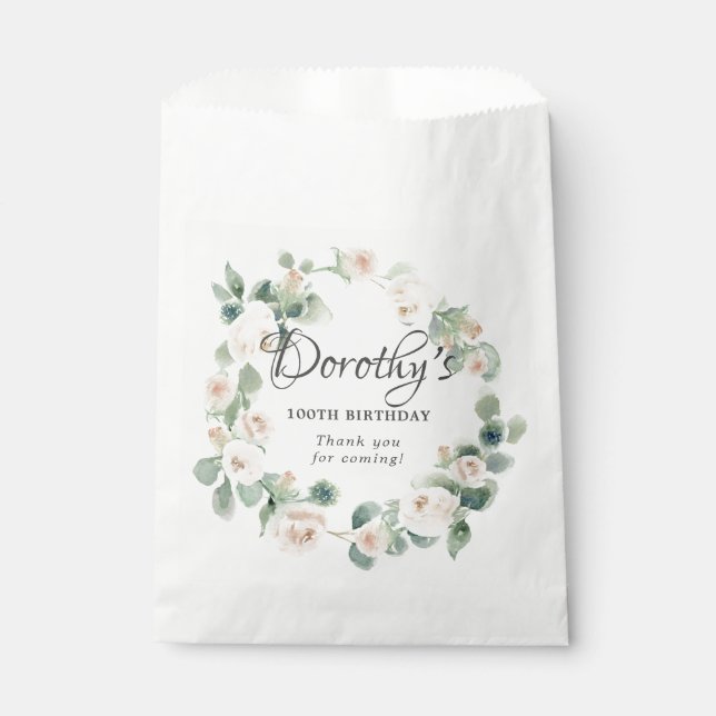 100th Birthday White Rose Floral Eucalyptus Wreath Favor Bag (Front)