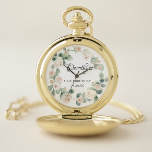 100th Birthday White Rose Floral Eucalyptus Wreath Pocket Watch