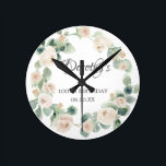 100th Birthday White Rose Floral Eucalyptus Wreath Round Clock<br><div class="desc">A gift or keepsake for a 100th birthday. White roses are nestled in green eucalyptus leaves. The name is written in beautiful calligraphy with 100th birthday and date below.</div>