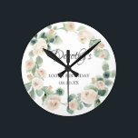 100th Birthday White Rose Floral Eucalyptus Wreath Round Clock<br><div class="desc">A gift or keepsake for a 100th birthday. White roses are nestled in green eucalyptus leaves. The name is written in beautiful calligraphy with 100th birthday and date below.</div>