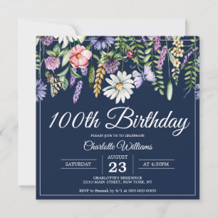 100th Birthday Wildflowers Navy Blue Elegant Invitation