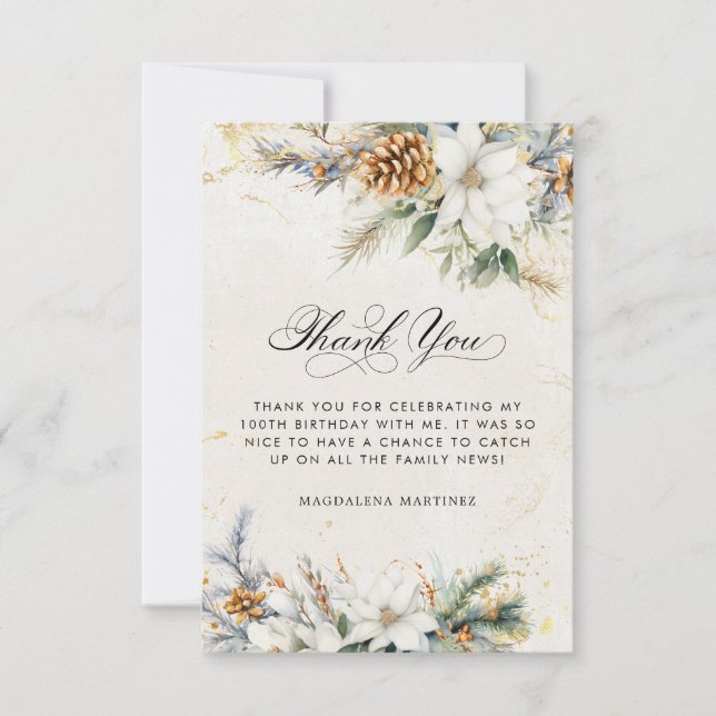 100th Birthday Winter White Floral Greenery Thank You Card (Front)