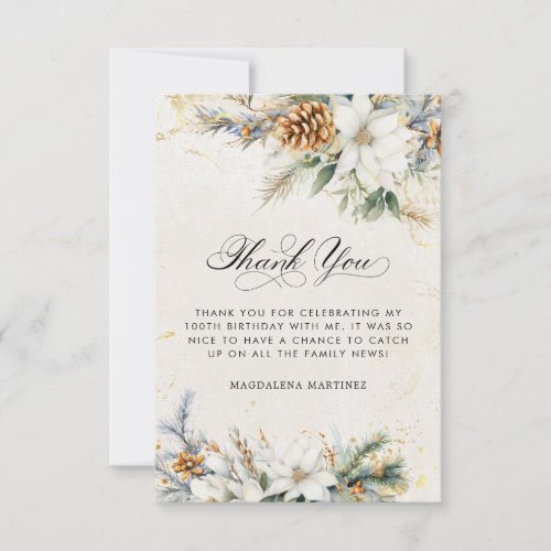 100th Birthday Winter White Floral Greenery Thank You Card