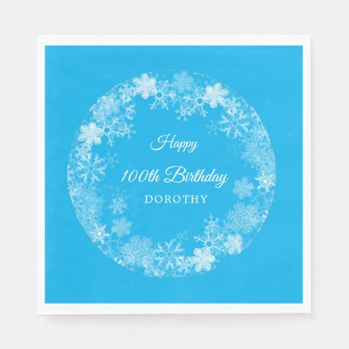 100th Birthday Winter Wonderland Snowflake Blue Napkins