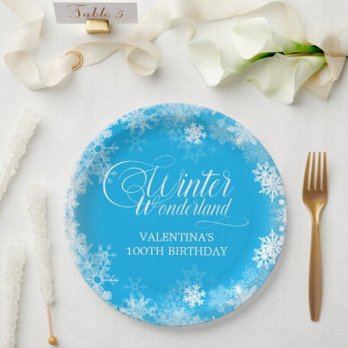 100th Birthday Winter Wonderland Snowflake Blue Paper Plates