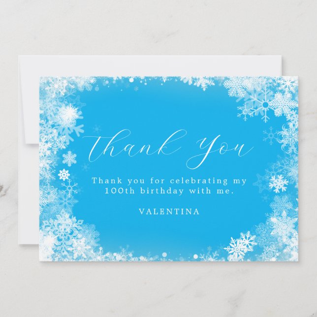 100th Birthday Winter Wonderland Snowflake Blue Thank You Card (Front)