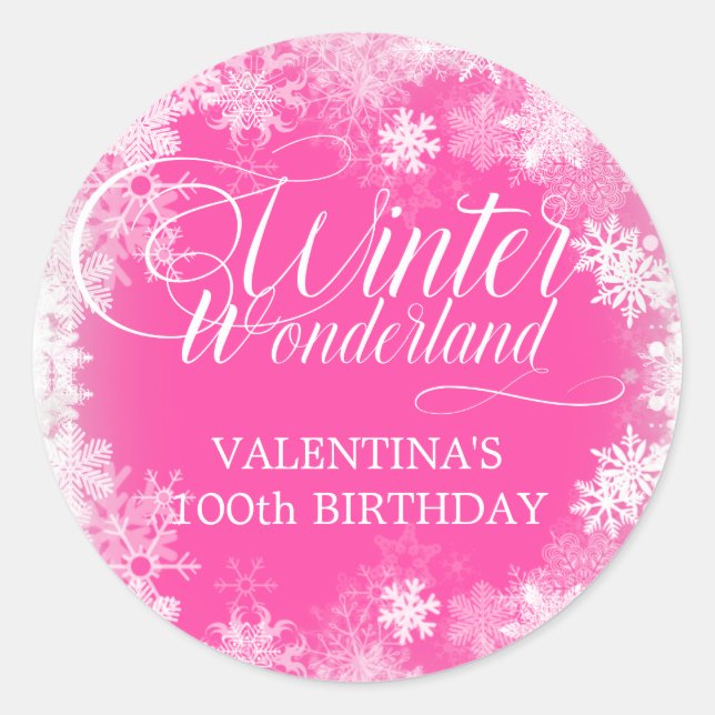 100th Birthday Winter Wonderland Snowflake Favor Classic Round Sticker (Front)