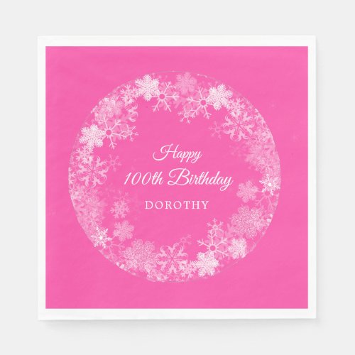 100th Birthday Winter Wonderland Snowflake Pink Napkins
