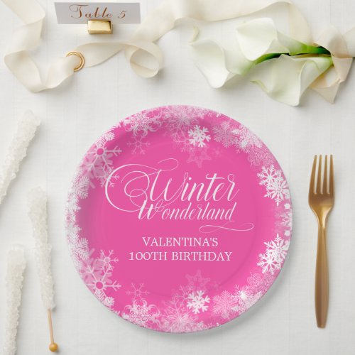 100th Birthday Winter Wonderland Snowflake Pink Paper Plates